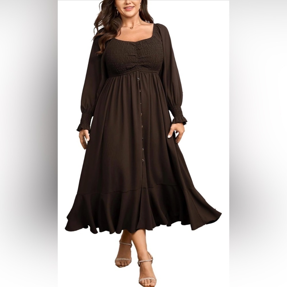 🆕Plus Size Smocked Casual Maxi Dress for Curvy Dress-Brown